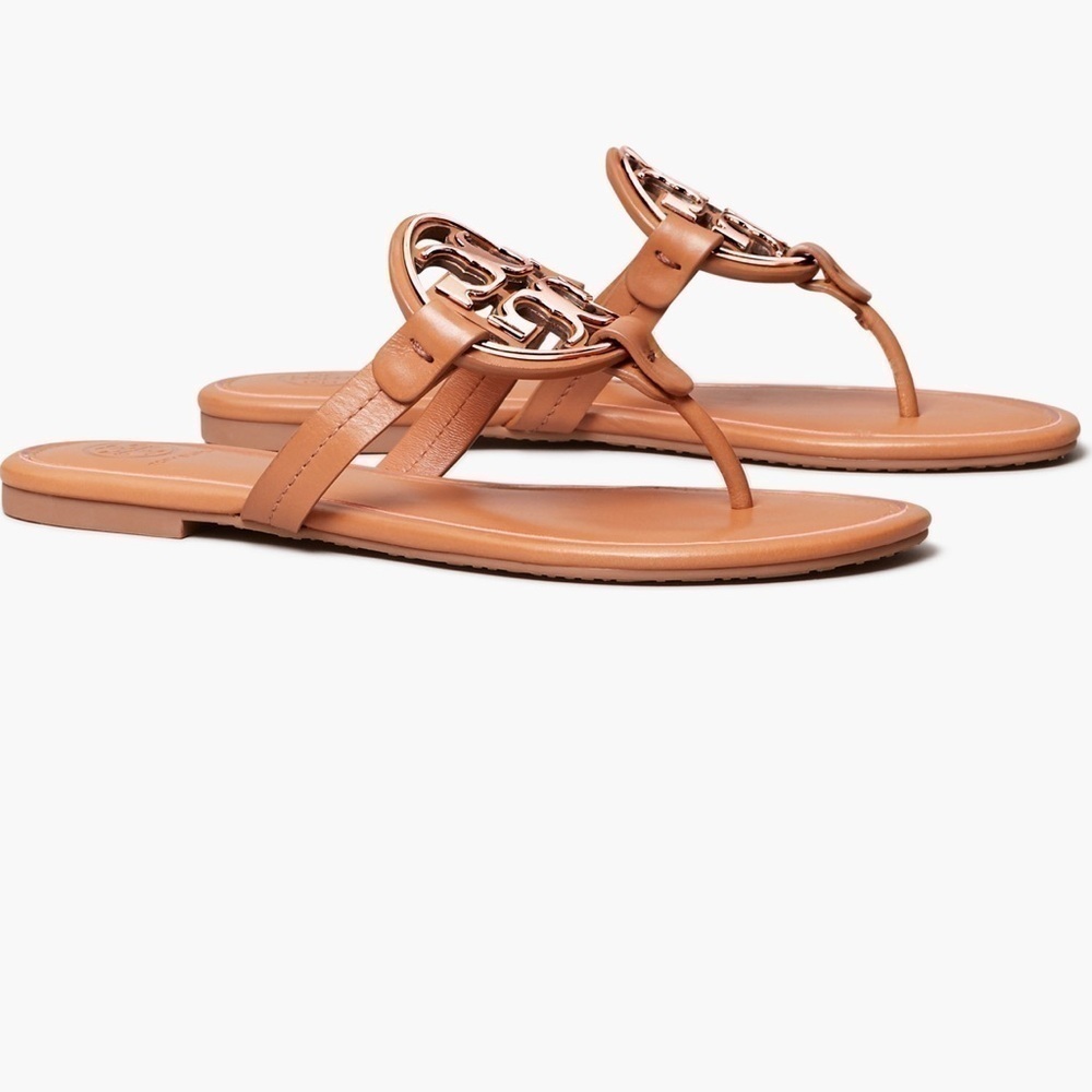 Preowned Tory Burch Metal Miller Calf Leather Tan/Rose Gold 8.5 M